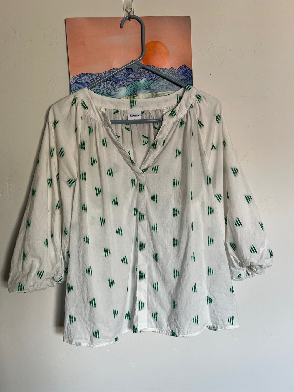 Lightweight White Cotton Blouse with Green Printed Motif